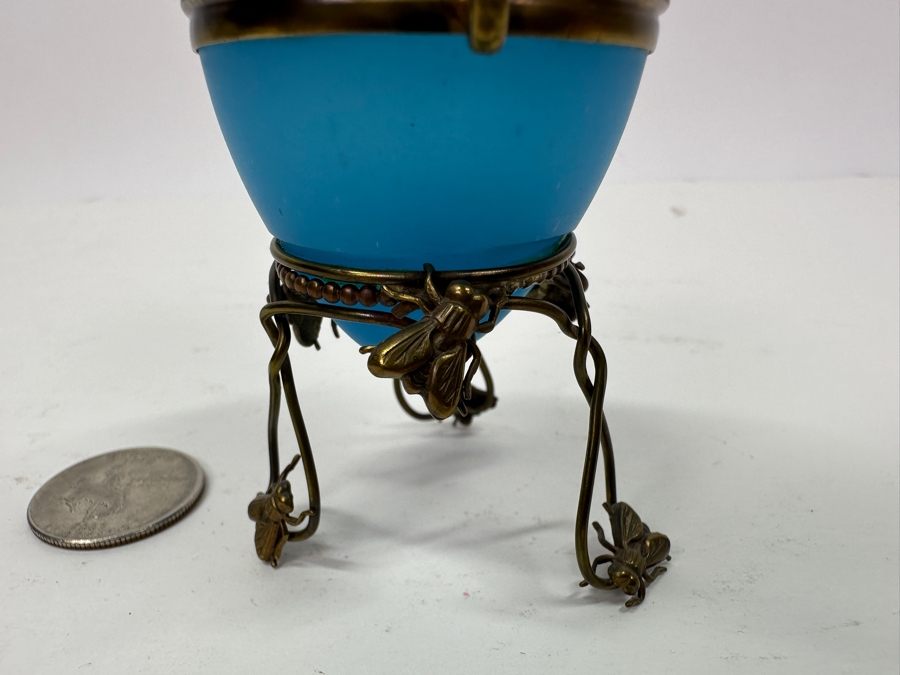 Antique Opaline Glass: Blue Opaline Glass Egg With Gilt Brass Flies Stand And Fly Finial 3.5'H [Photo 4]