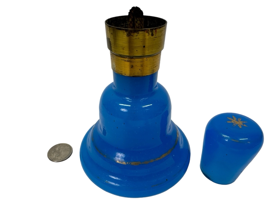 Antique Opaline Glass: Blue With Gold Decor Oil Lamp 6.75'H [Photo 1]