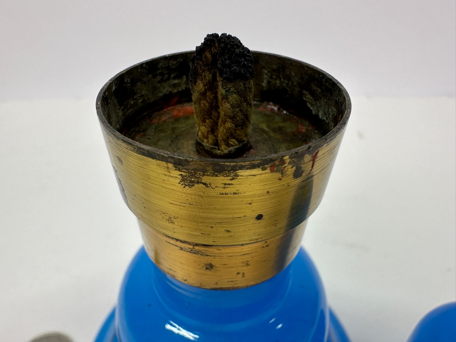 Antique Opaline Glass: Blue With Gold Decor Oil Lamp 6.75'H [Photo 4]