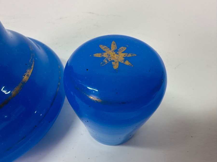 Antique Opaline Glass: Blue With Gold Decor Oil Lamp 6.75'H [Photo 5]