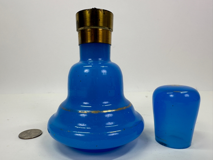 Antique Opaline Glass: Blue With Gold Decor Oil Lamp 6.75'H [Photo 6]