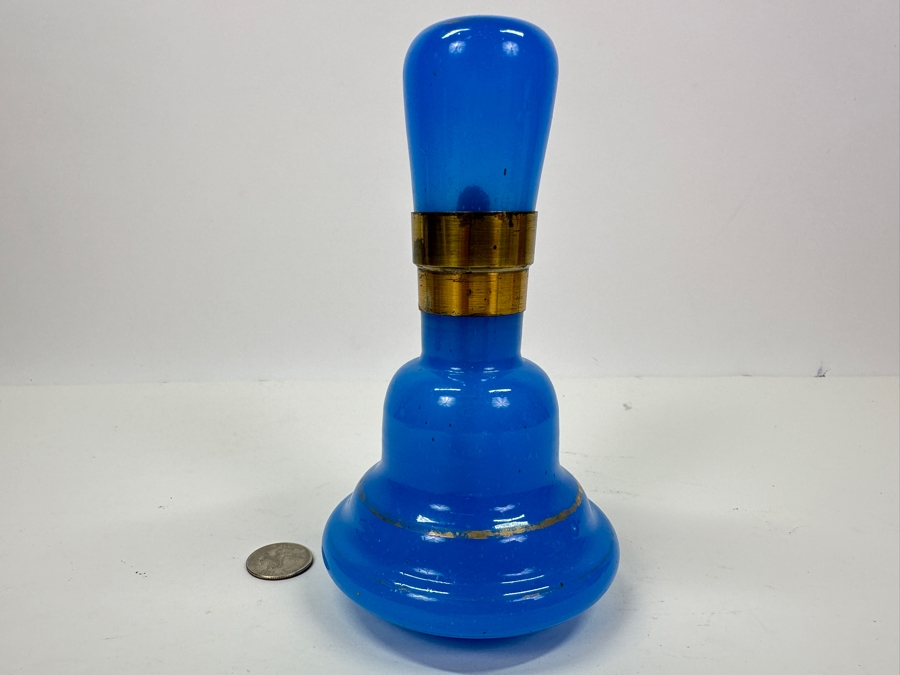 Antique Opaline Glass: Blue With Gold Decor Oil Lamp 6.75'H [Photo 3]