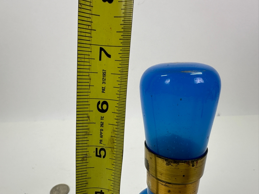 Antique Opaline Glass: Blue With Gold Decor Oil Lamp 6.75'H [Photo 8]