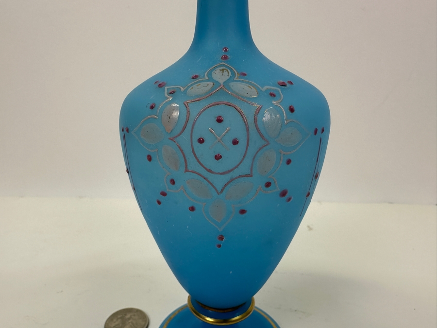 Antique Opaline Glass: Blue Victorian Bottle With Stopper, Pink And White Decor 7.5'H Appraised $70 [Photo 6]