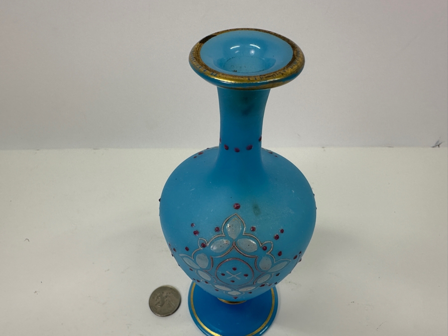 Antique Opaline Glass: Blue Victorian Bottle With Stopper, Pink And White Decor 7.5'H Appraised $70 [Photo 4]