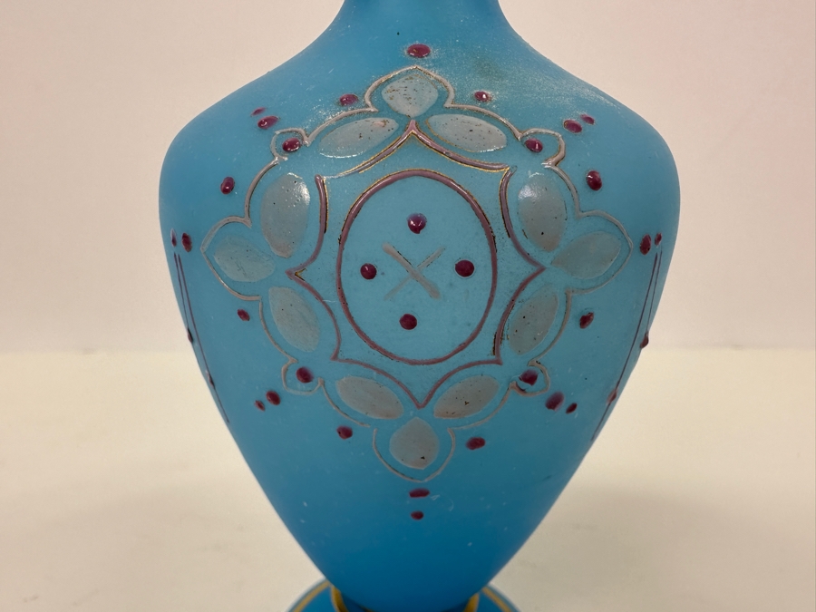 Antique Opaline Glass: Blue Victorian Bottle With Stopper, Pink And White Decor 7.5'H Appraised $70 [Photo 3]