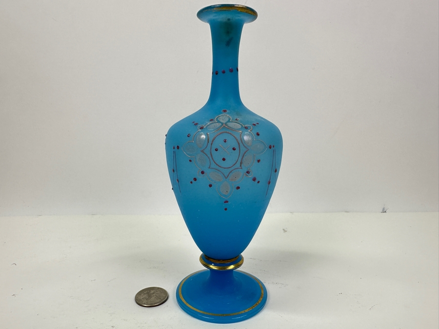 Antique Opaline Glass: Blue Victorian Bottle With Stopper, Pink And White Decor 7.5'H Appraised $70 [Photo 2]