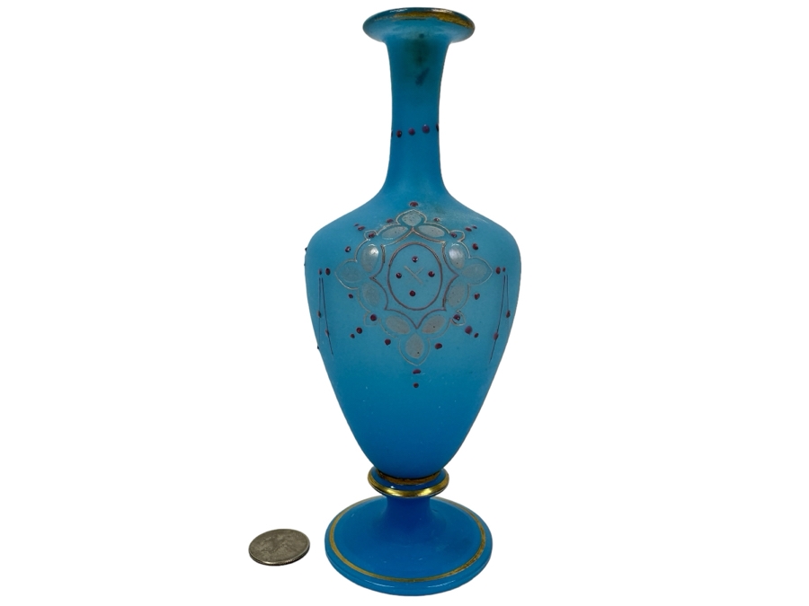 Antique Opaline Glass: Blue Victorian Bottle With Stopper, Pink And White Decor 7.5'H Appraised $70 [Photo 1]