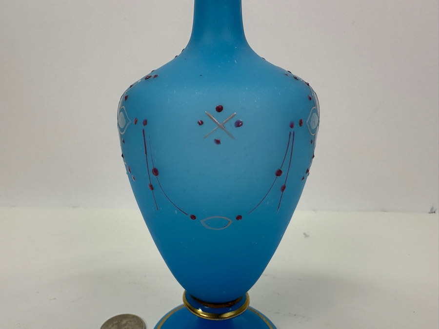 Antique Opaline Glass: Blue Victorian Bottle With Stopper, Pink And White Decor 7.5'H Appraised $70 [Photo 5]