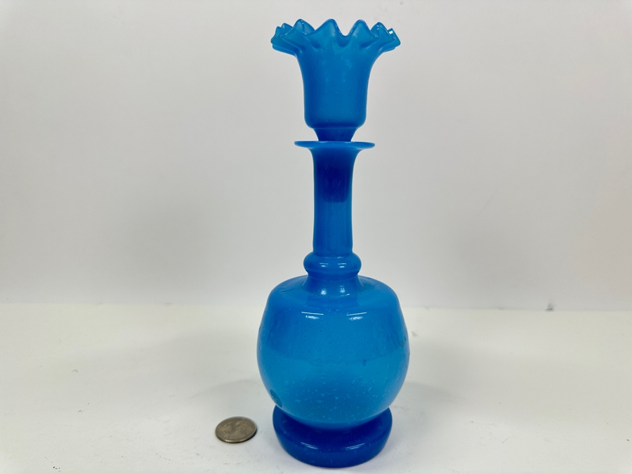 Antique Opaline Glass: Blue Victorian Bottle With Stopper 8.75'H Appraised $75 [Photo 2]