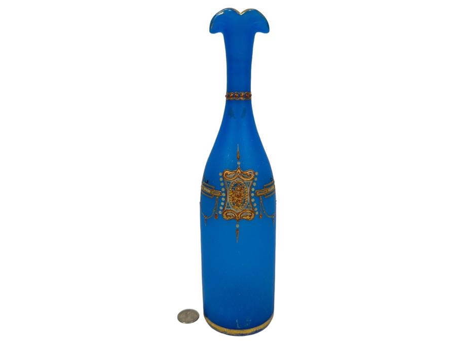 Antique Opaline Glass: Tall Blue Bottle With Gold & White Decor 12.5'H Appraised $110 [Photo 1]