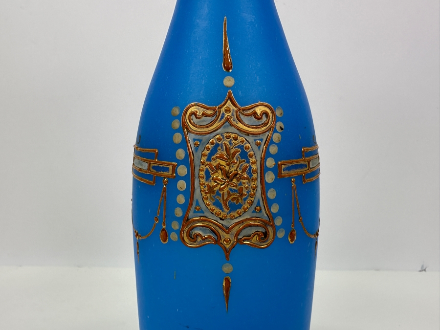 Antique Opaline Glass: Tall Blue Bottle With Gold & White Decor 12.5'H Appraised $110 [Photo 6]