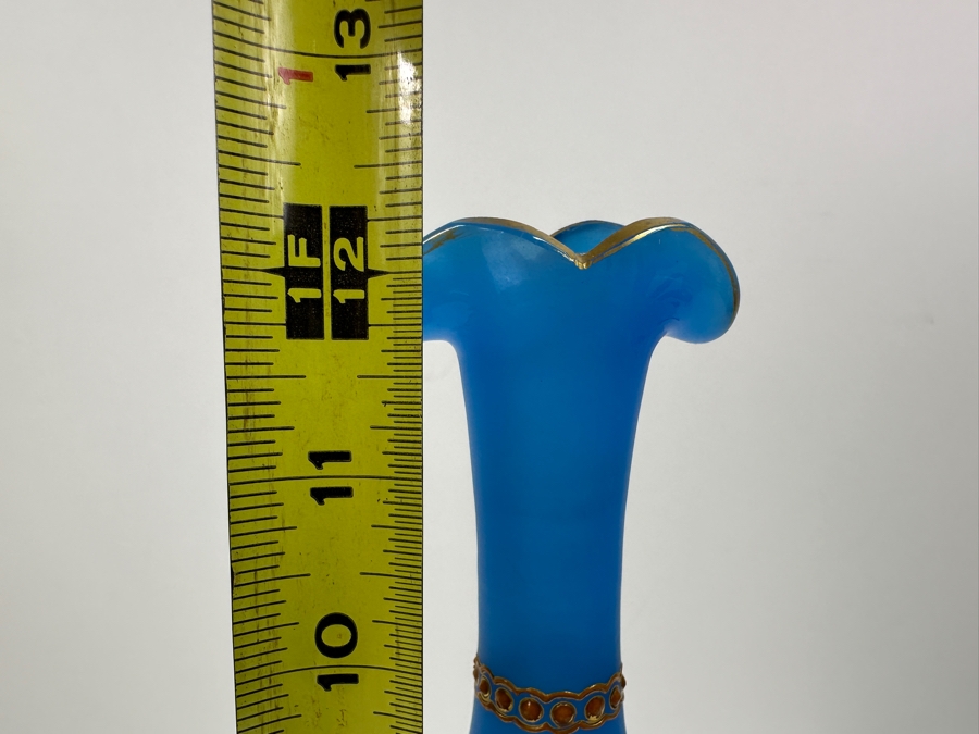 Antique Opaline Glass: Tall Blue Bottle With Gold & White Decor 12.5'H Appraised $110 [Photo 12]