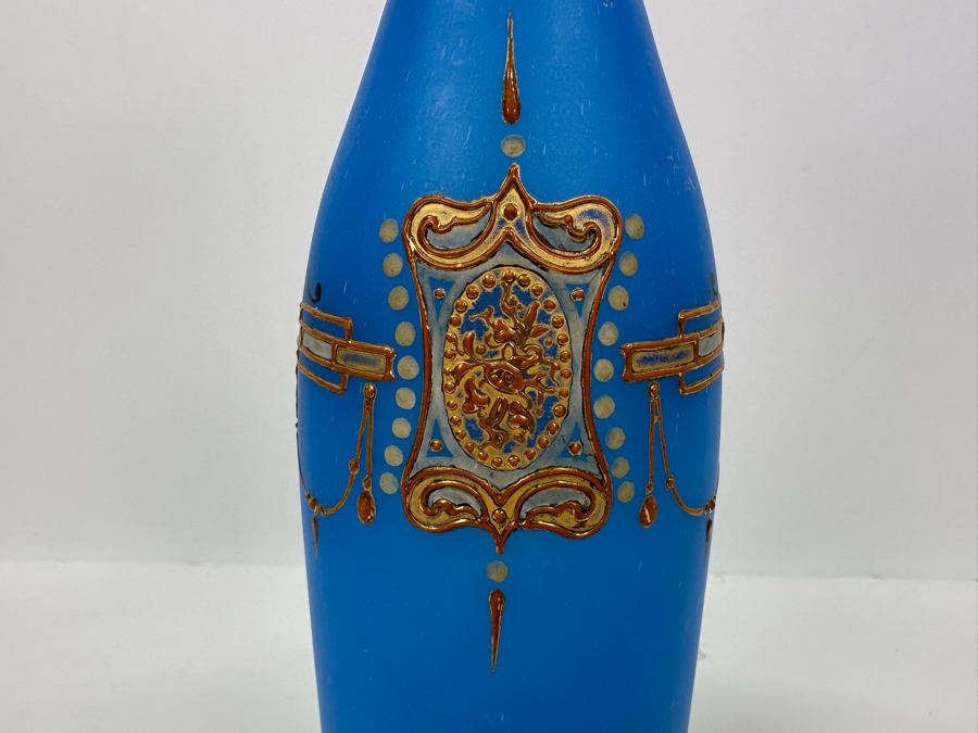 Antique Opaline Glass: Tall Blue Bottle With Gold & White Decor 12.5'H Appraised $110 [Photo 3]