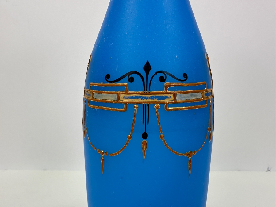 Antique Opaline Glass: Tall Blue Bottle With Gold & White Decor 12.5'H Appraised $110 [Photo 5]
