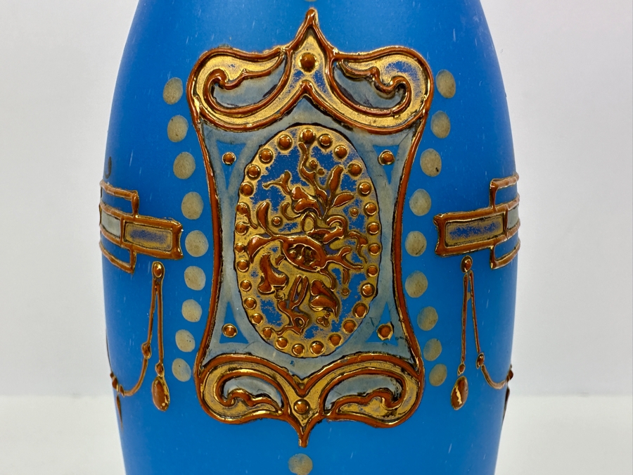 Antique Opaline Glass: Tall Blue Bottle With Gold & White Decor 12.5'H Appraised $110 [Photo 4]