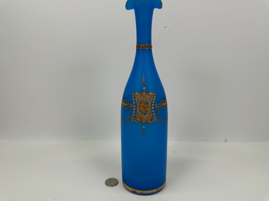 Antique Opaline Glass: Tall Blue Bottle With Gold & White Decor 12.5'H Appraised $110 [Photo 7]
