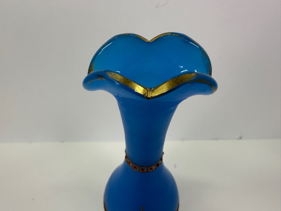 Antique Opaline Glass: Tall Blue Bottle With Gold & White Decor 12.5'H Appraised $110 [Photo 9]