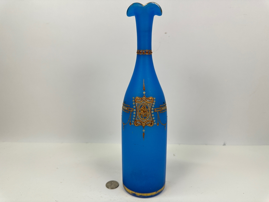 Antique Opaline Glass: Tall Blue Bottle With Gold & White Decor 12.5'H Appraised $110 [Photo 8]