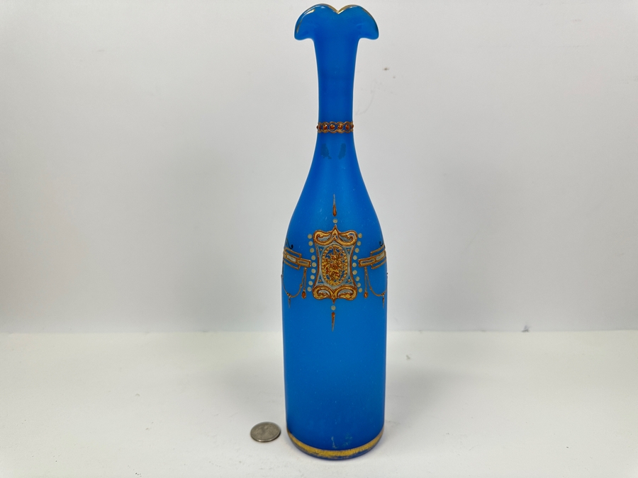 Antique Opaline Glass: Tall Blue Bottle With Gold & White Decor 12.5'H Appraised $110 [Photo 2]