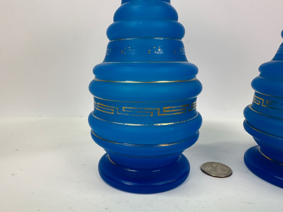 Antique Opaline Glass: Pair Of Blue Vases With Gold Decor 9'H [Photo 4]
