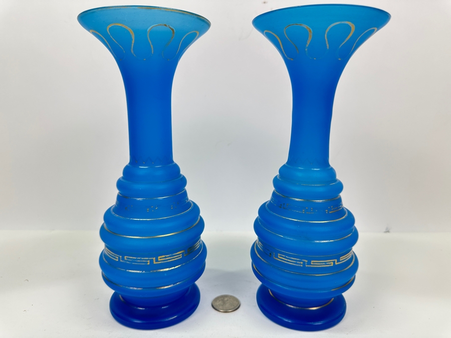 Antique Opaline Glass: Pair Of Blue Vases With Gold Decor 9'H [Photo 3]