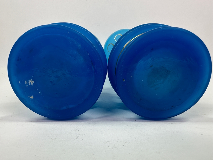 Antique Opaline Glass: Pair Of Blue Vases With Gold Decor 9'H [Photo 6]