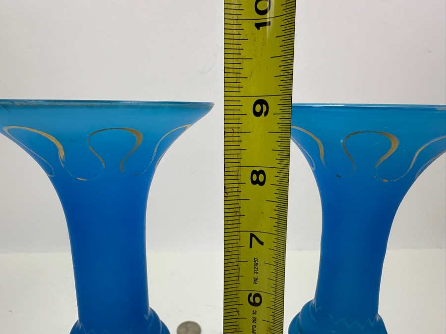 Antique Opaline Glass: Pair Of Blue Vases With Gold Decor 9'H [Photo 7]
