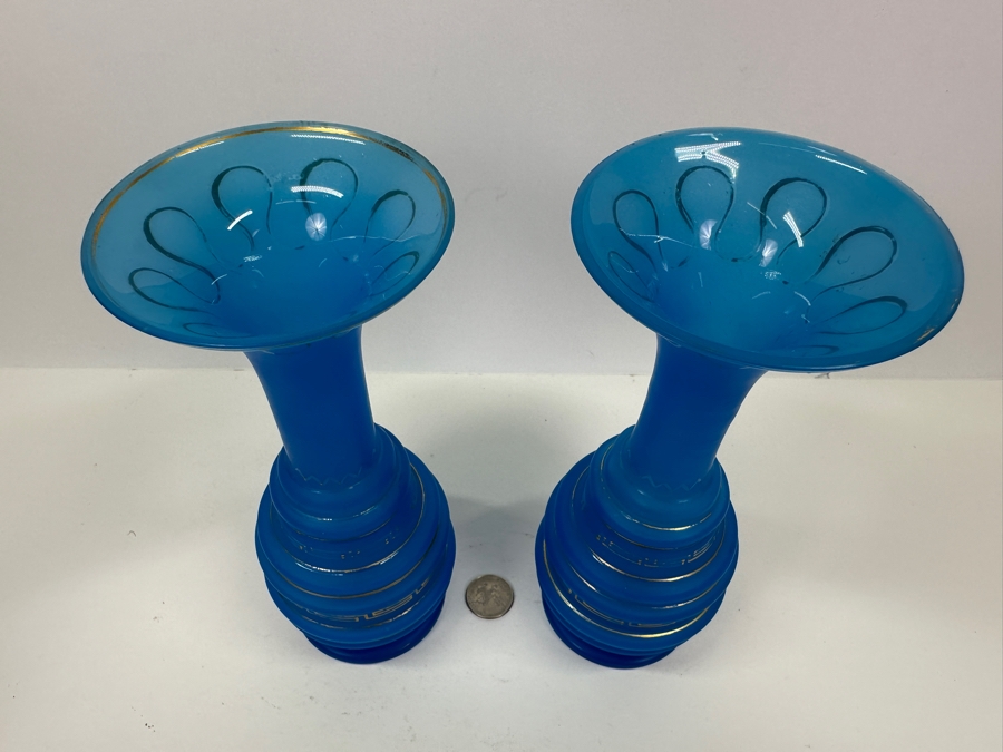 Antique Opaline Glass: Pair Of Blue Vases With Gold Decor 9'H [Photo 5]