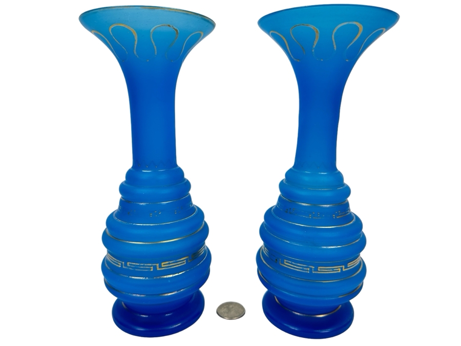 Antique Opaline Glass: Pair Of Blue Vases With Gold Decor 9'H [Photo 1]