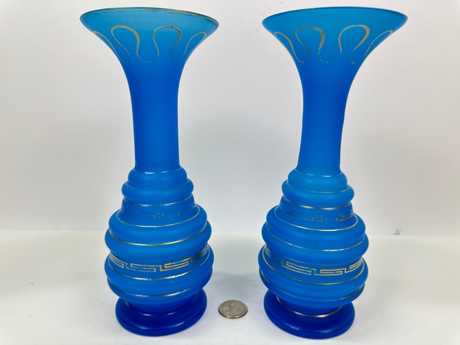 Antique Opaline Glass: Pair Of Blue Vases With Gold Decor 9'H [Photo 2]