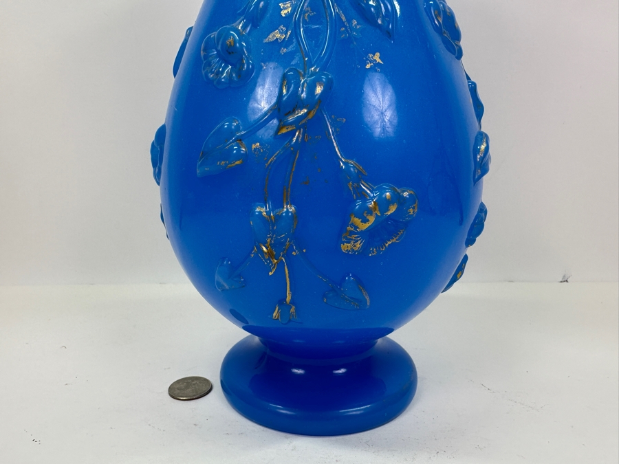Antique Opaline Glass: Tall Blue Vase 16'H [Photo 3]