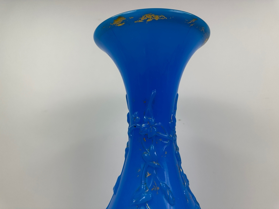 Antique Opaline Glass: Tall Blue Vase 16'H [Photo 5]