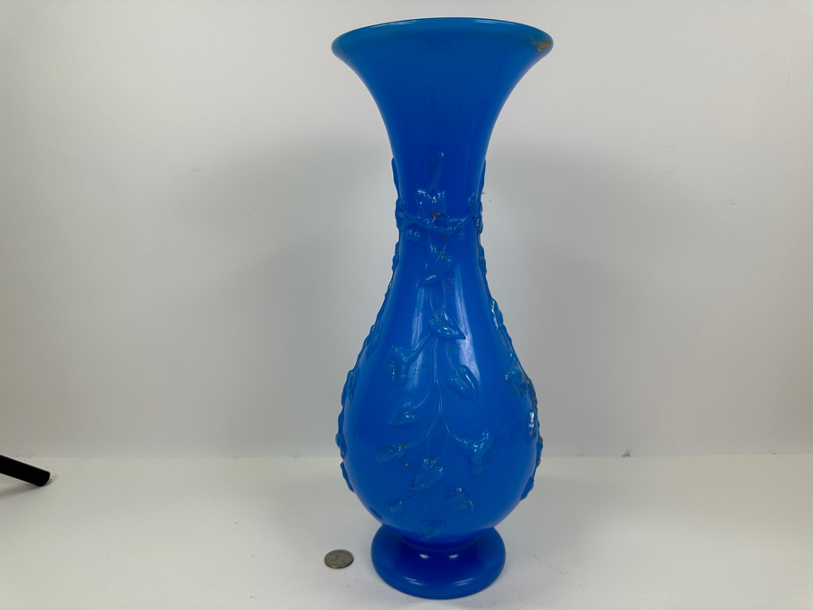Antique Opaline Glass: Tall Blue Vase 16'H [Photo 7]