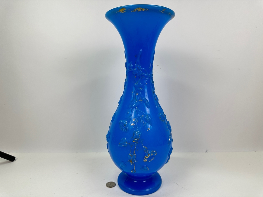 Antique Opaline Glass: Tall Blue Vase 16'H [Photo 2]