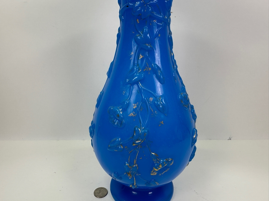 Antique Opaline Glass: Tall Blue Vase 16'H [Photo 4]