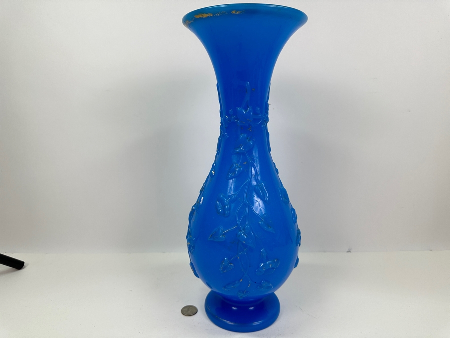 Antique Opaline Glass: Tall Blue Vase 16'H [Photo 8]