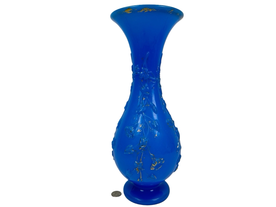 Antique Opaline Glass: Tall Blue Vase 16'H [Photo 1]