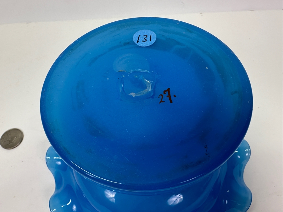 Antique Opaline Glass: Blue Victorian Epergne Base Footed Dish 4.5'H Appraised $60 [Photo 9]