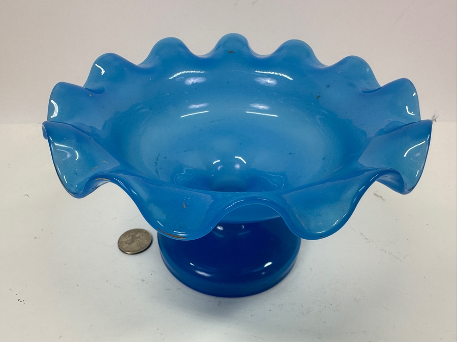 Antique Opaline Glass: Blue Victorian Epergne Base Footed Dish 4.5'H Appraised $60 [Photo 4]