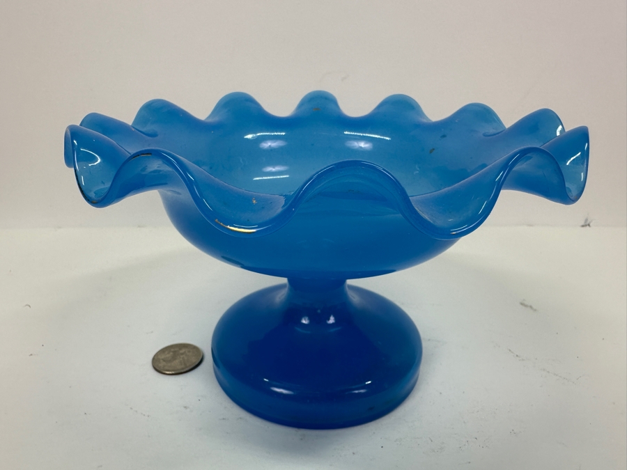 Antique Opaline Glass: Blue Victorian Epergne Base Footed Dish 4.5'H Appraised $60 [Photo 2]