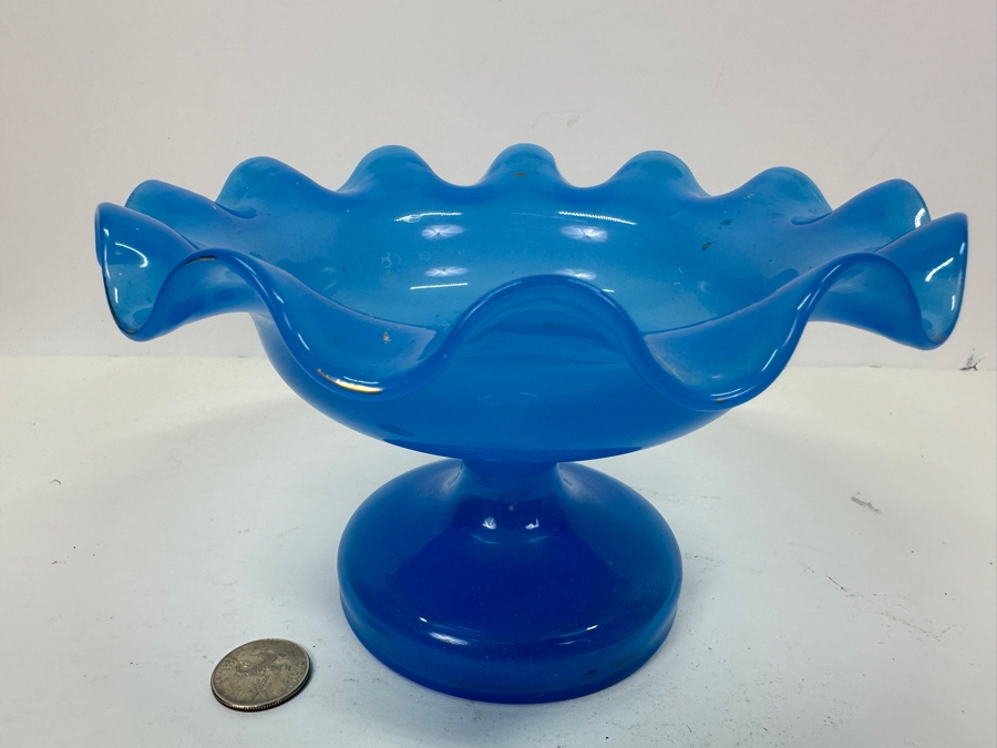 Antique Opaline Glass: Blue Victorian Epergne Base Footed Dish 4.5'H Appraised $60 [Photo 7]