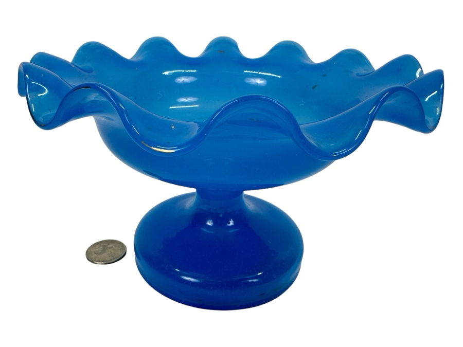 Antique Opaline Glass: Blue Victorian Epergne Base Footed Dish 4.5'H Appraised $60 [Photo 1]