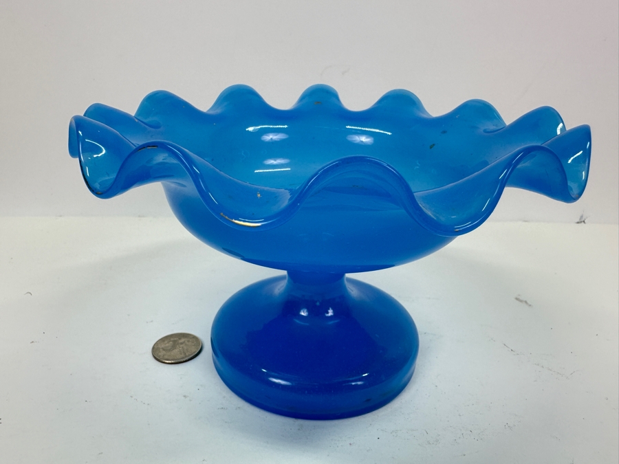 Antique Opaline Glass: Blue Victorian Epergne Base Footed Dish 4.5'H Appraised $60 [Photo 3]