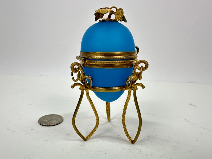 Antique Opaline Glass: Blue Egg Box With Gilt Metal Ornamentation 3.75'H Client Paid $250 [Photo 4]