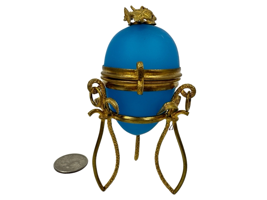 Antique Opaline Glass: Blue Egg Box With Gilt Metal Ornamentation 3.75'H Client Paid $250 [Photo 1]