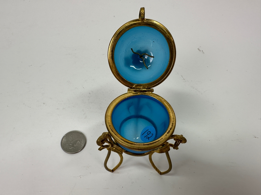 Antique Opaline Glass: Blue Egg Box With Gilt Metal Ornamentation 3.75'H Client Paid $250 [Photo 7]