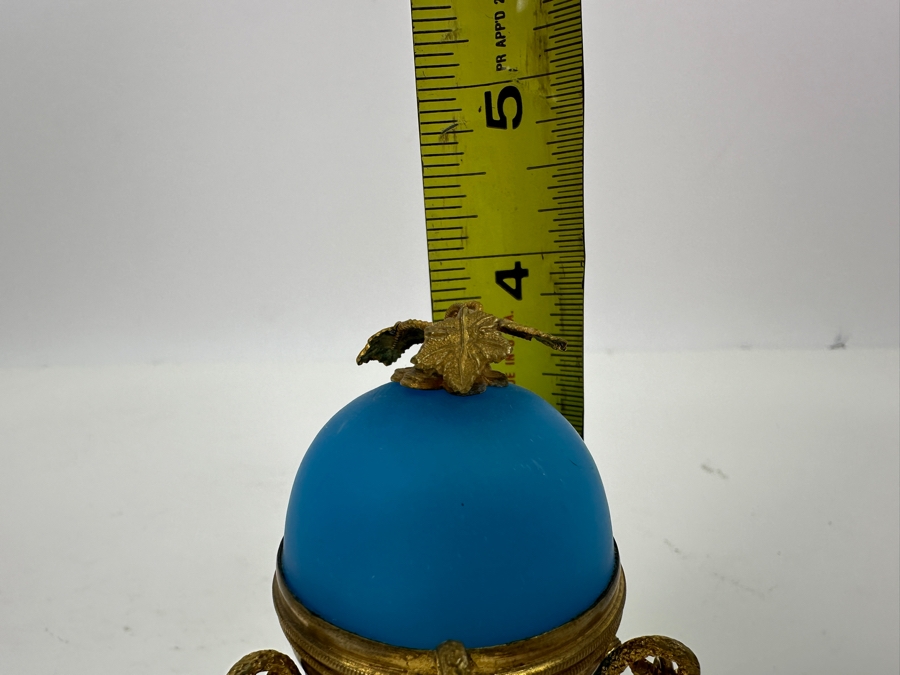 Antique Opaline Glass: Blue Egg Box With Gilt Metal Ornamentation 3.75'H Client Paid $250 [Photo 9]