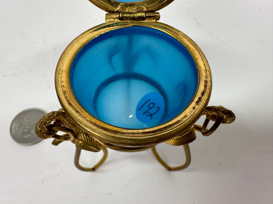 Antique Opaline Glass: Blue Egg Box With Gilt Metal Ornamentation 3.75'H Client Paid $250 [Photo 8]