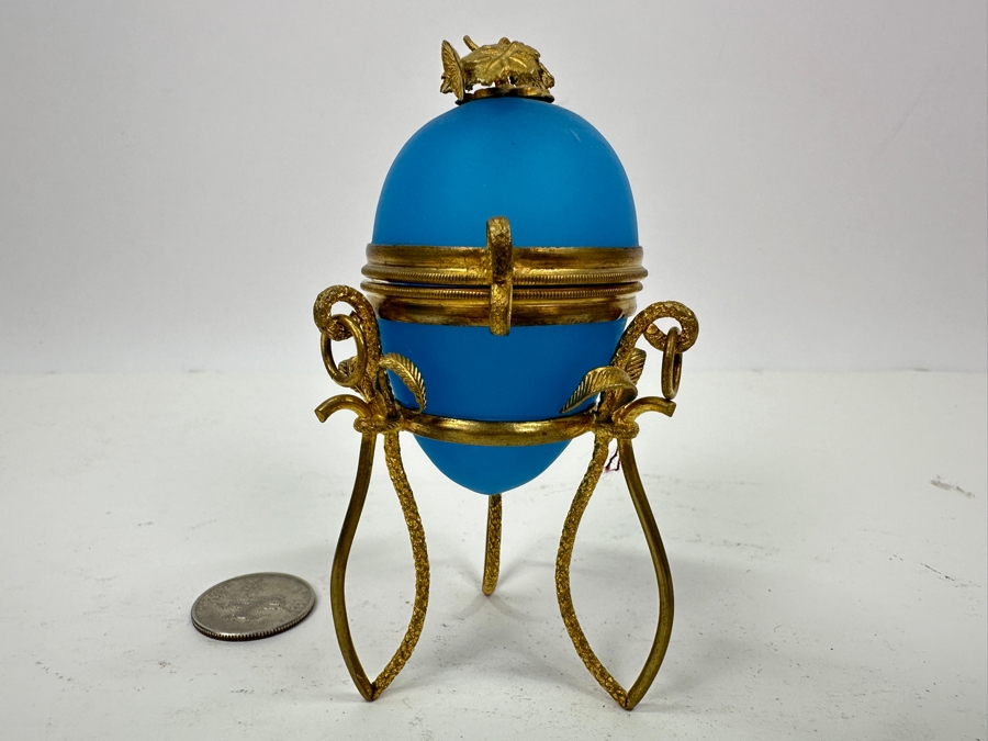 Antique Opaline Glass: Blue Egg Box With Gilt Metal Ornamentation 3.75'H Client Paid $250 [Photo 2]